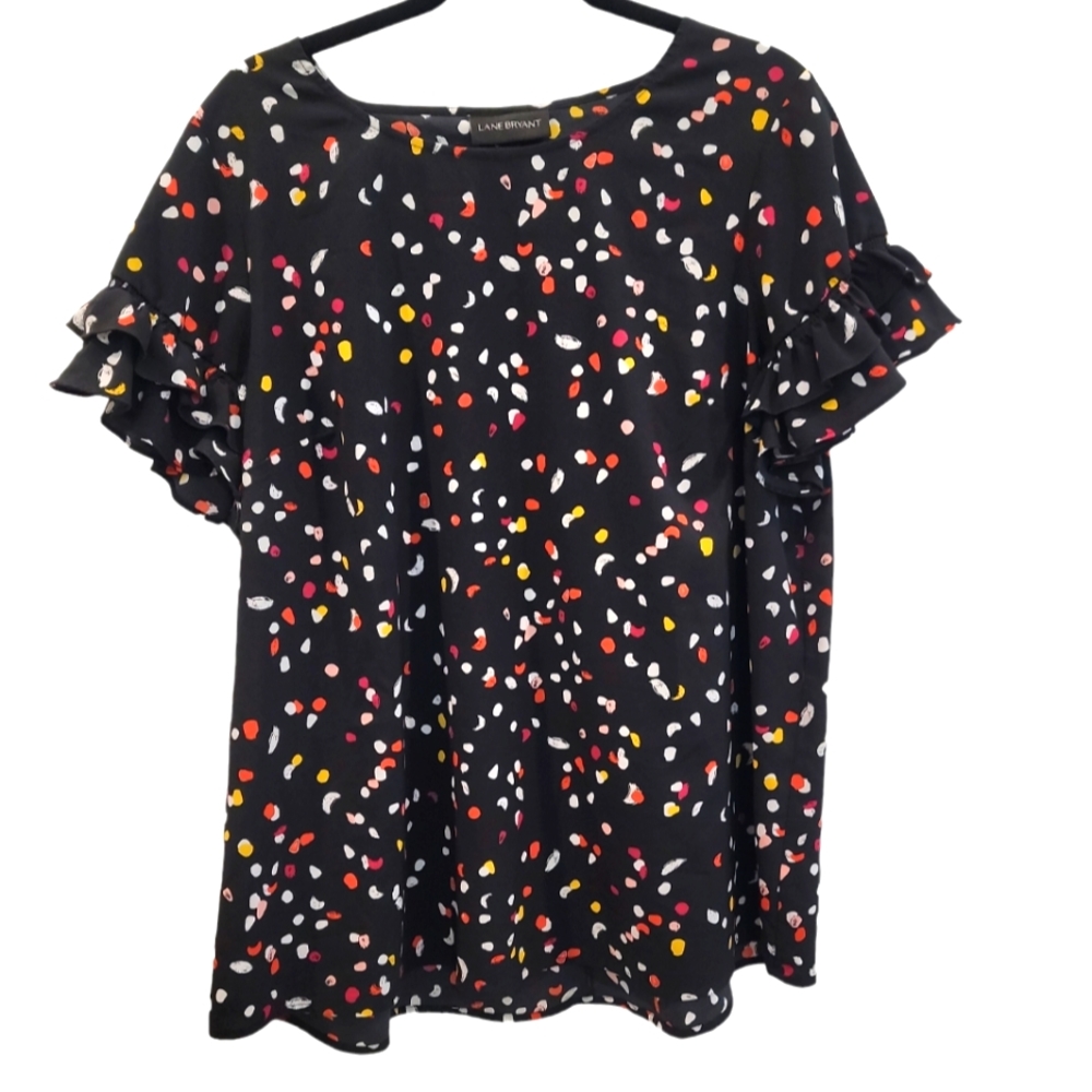 Plus Size Women's Lane Bryant Black with multicolors Dots and Ruffle Sleeves 18